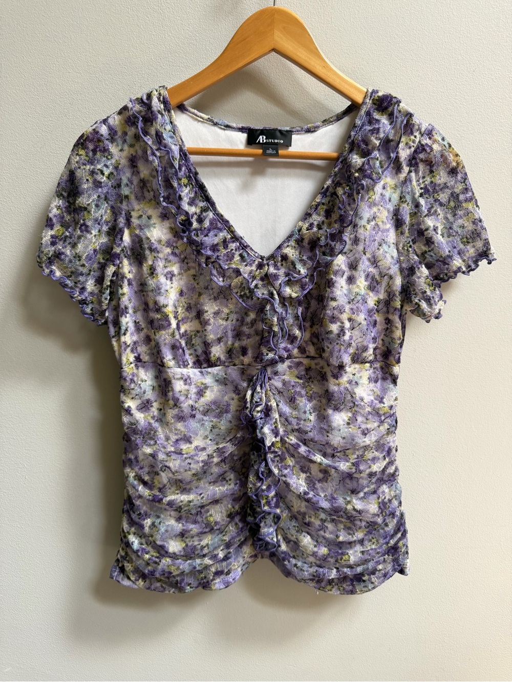 Y2K AB Studio Ethereal Fairy Mesh Ruched Floral Ruffle Top Purple Cottagecore